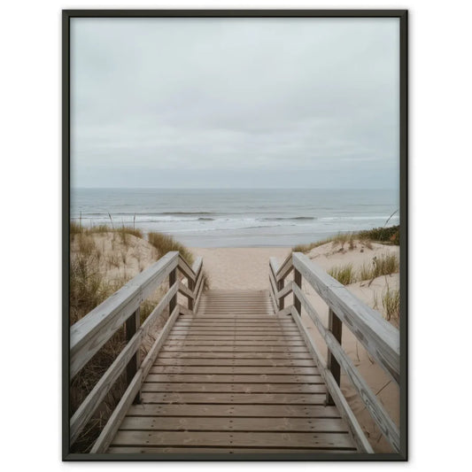 Poster Holzsteg zum Sandstrand mit Dünen und Ozean für deine Wand