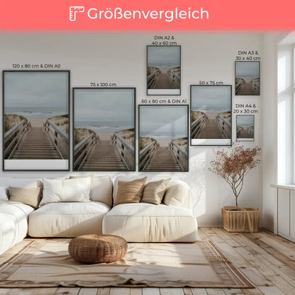 Poster Holzsteg zum Sandstrand mit Dünen und Ozean für deine Wand