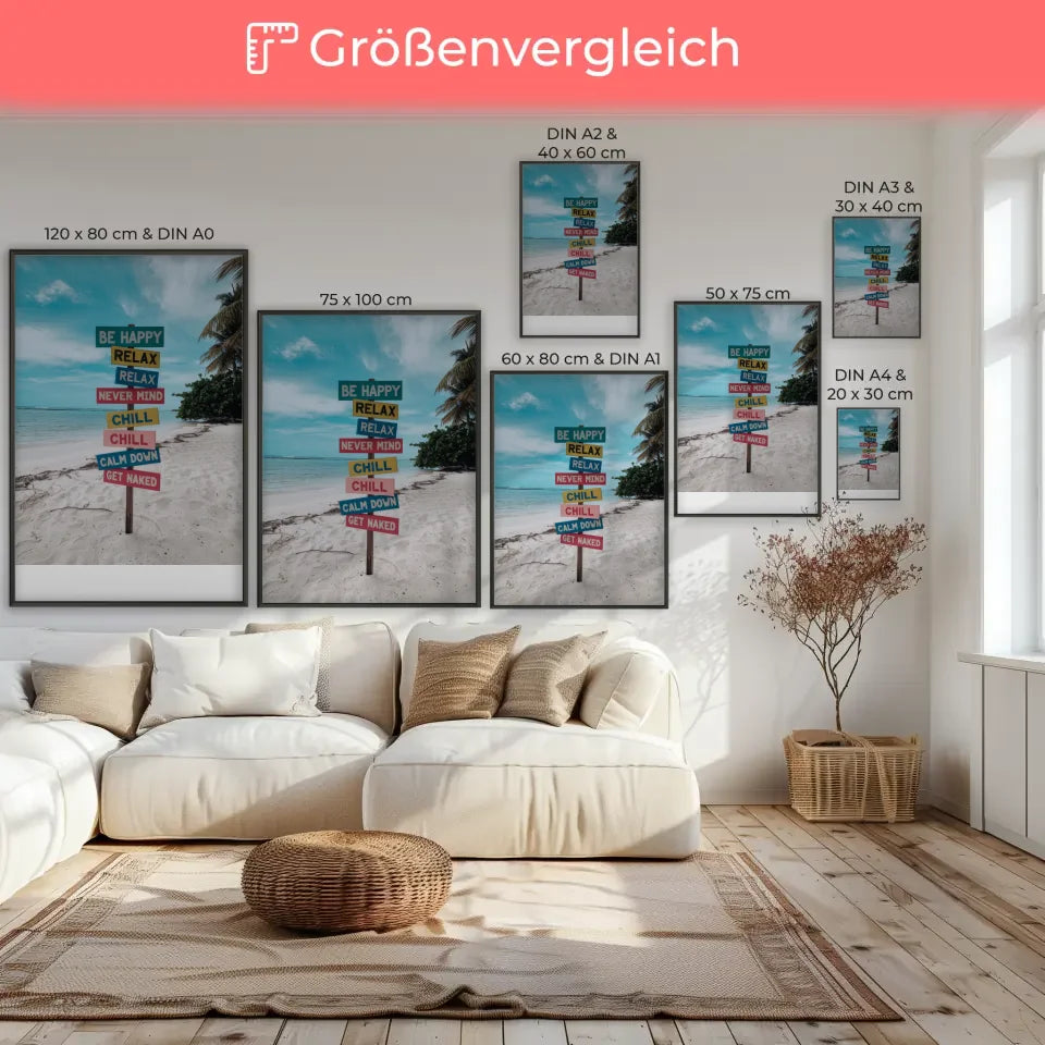 Bunte Poster mit inspirierenden Slogans für entspanntes Wohnen