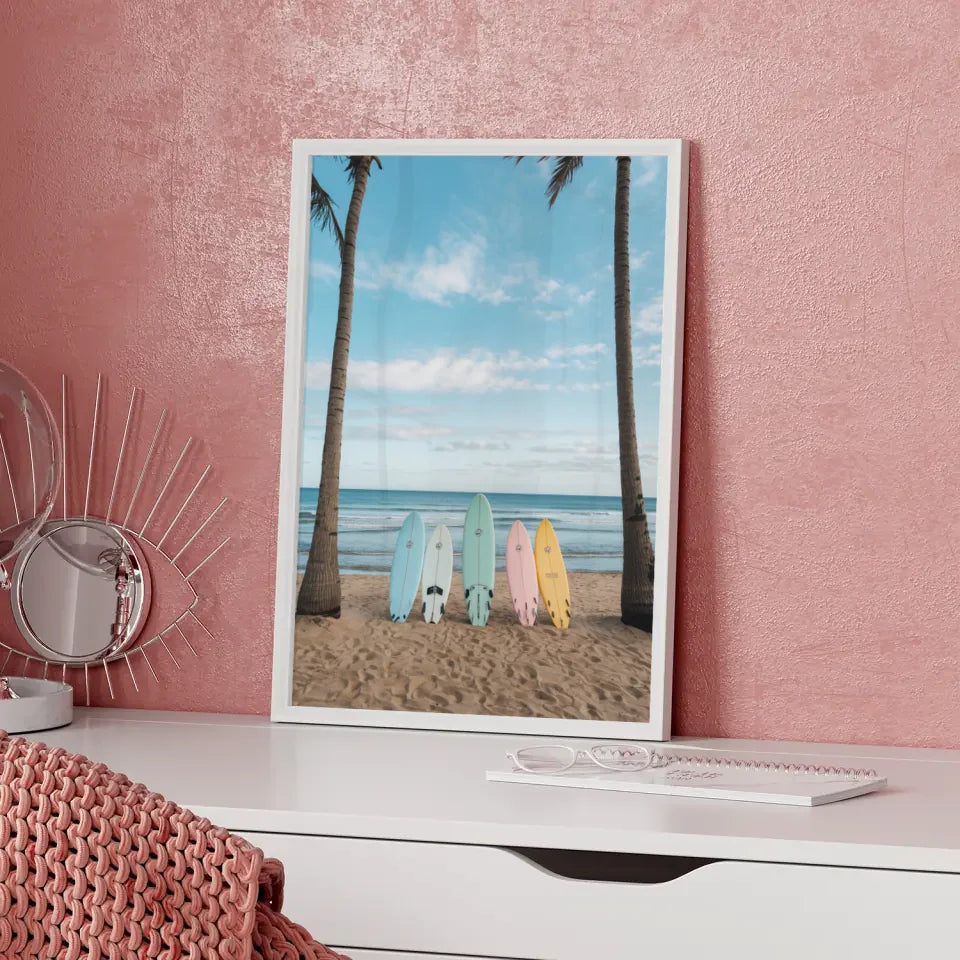 Poster Kalifornischer Strand Sonnenuntergang Palmen und Himmel