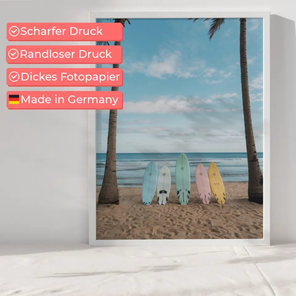 Poster Kalifornischer Strand Sonnenuntergang Palmen und Himmel