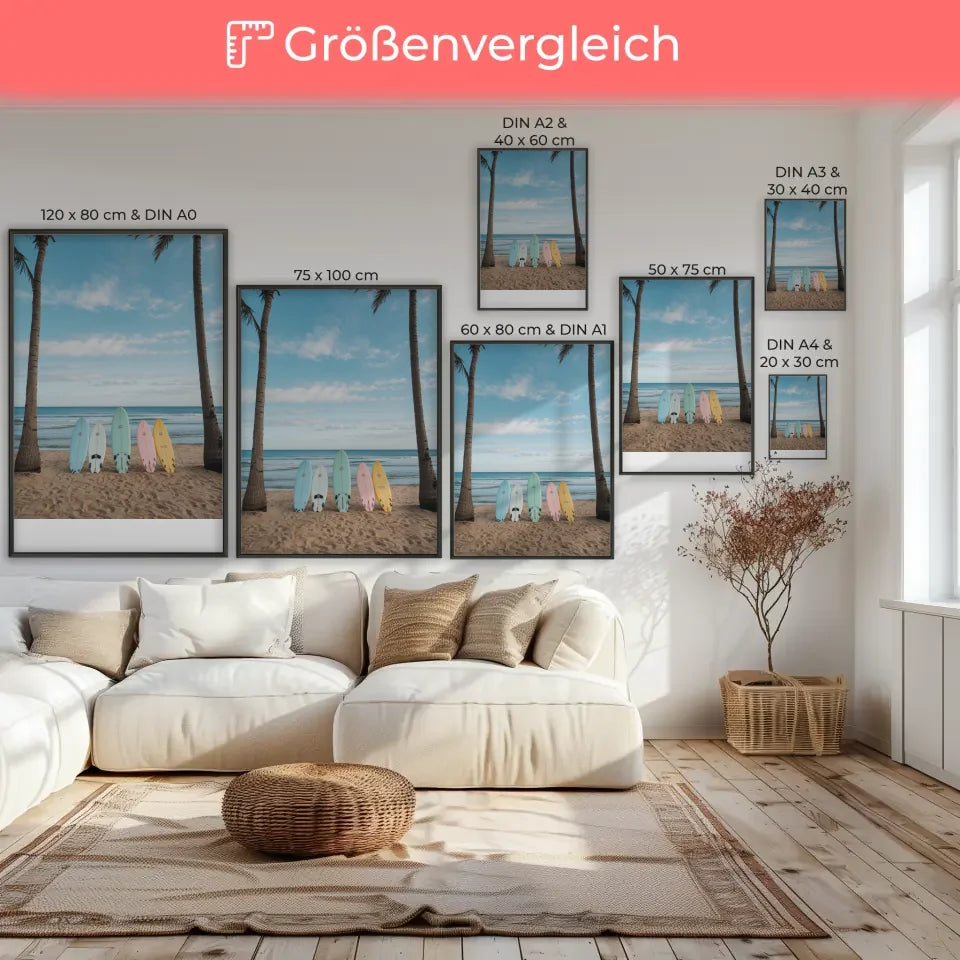 Poster Kalifornischer Strand Sonnenuntergang Palmen und Himmel