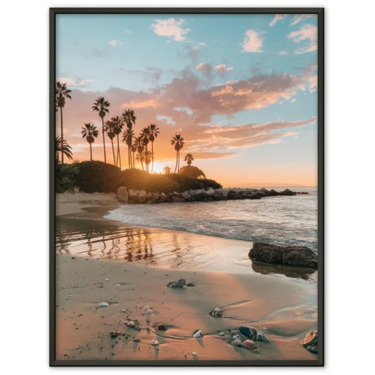 Poster Sonnenuntergang am Strand in Kalifornien mit Palmen und Muscheln