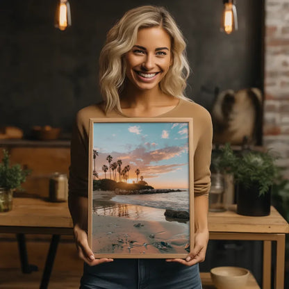 Poster Sonnenuntergang am Strand in Kalifornien mit Palmen und Muscheln