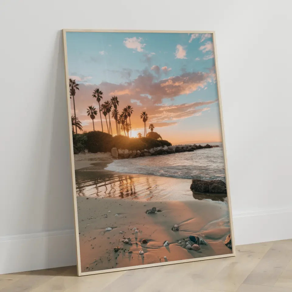 Poster Sonnenuntergang am Strand in Kalifornien mit Palmen und Muscheln