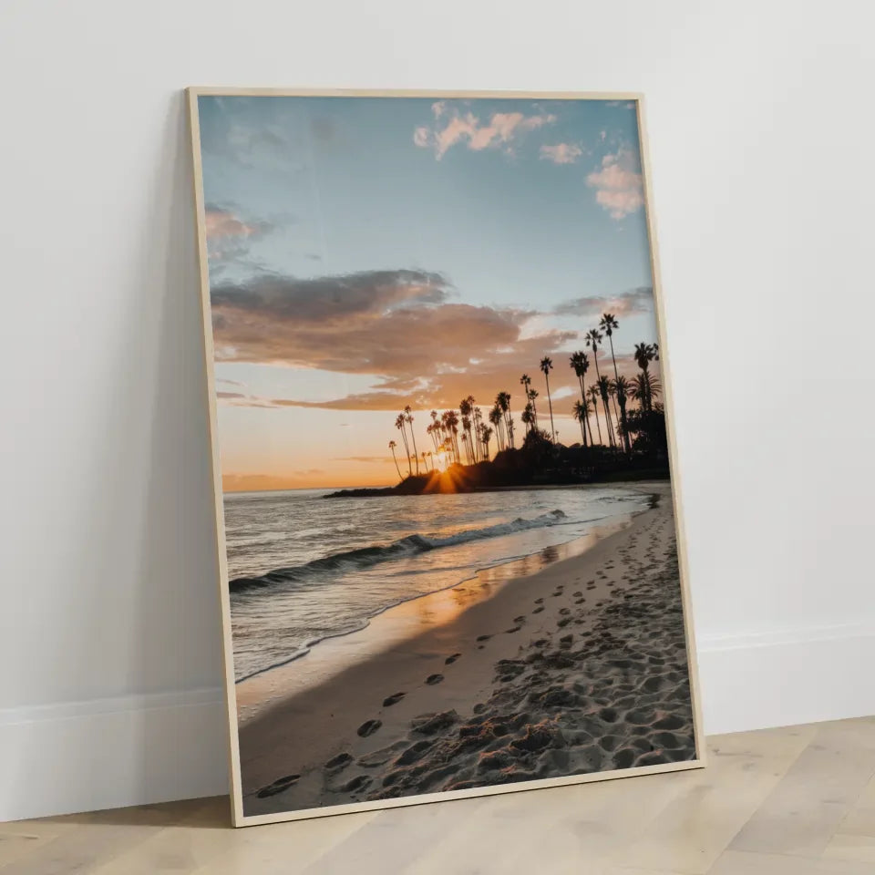 Poster Kalifornischer Strand Sonnenuntergang Palmen und Himmel