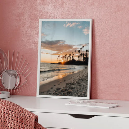 Poster Kalifornischer Strand Sonnenuntergang Palmen und Himmel