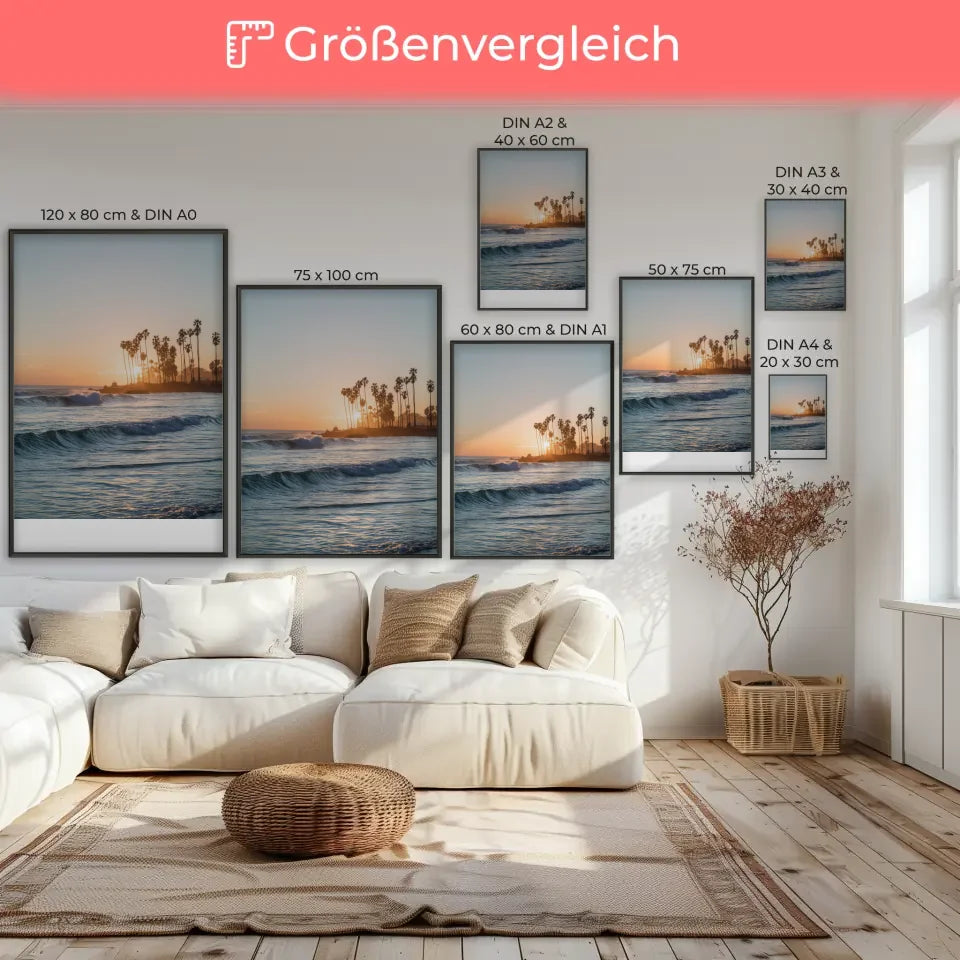 Poster Sonnenuntergang am Strand von Kalifornien mit Palmen und Wellen