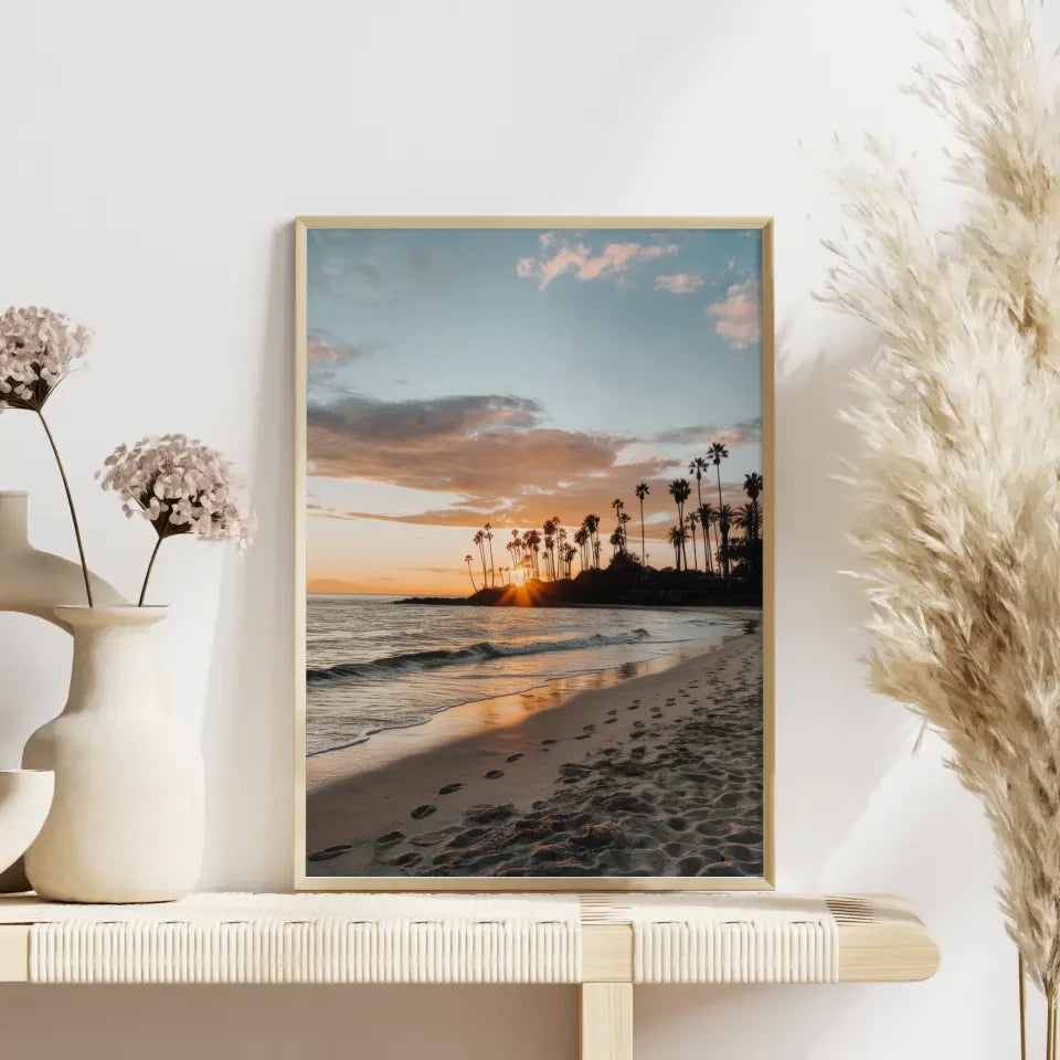 Poster Kalifornischer Strand Sonnenuntergang Palmen und Himmel