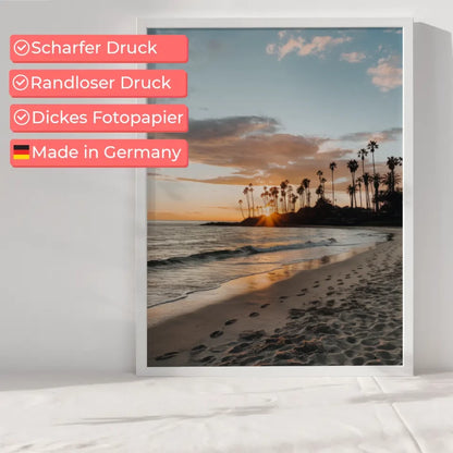 Poster Kalifornischer Strand Sonnenuntergang Palmen und Himmel