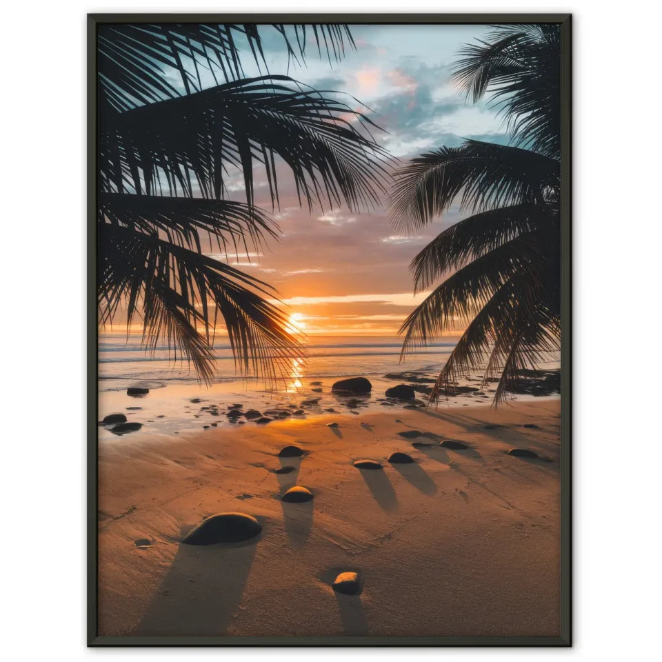 Poster Kalifornien Strand Sonnenuntergang mit Palmen und Wasserblick