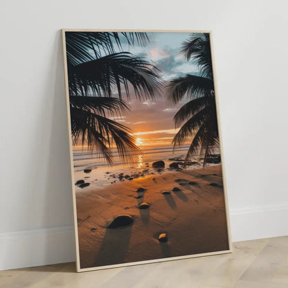 Poster Kalifornien Strand Sonnenuntergang mit Palmen und Wasserblick