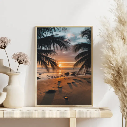 Poster Kalifornien Strand Sonnenuntergang mit Palmen und Wasserblick