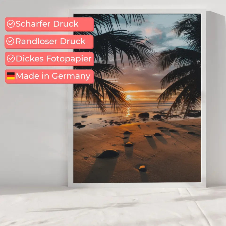 Poster Kalifornien Strand Sonnenuntergang mit Palmen und Wasserblick