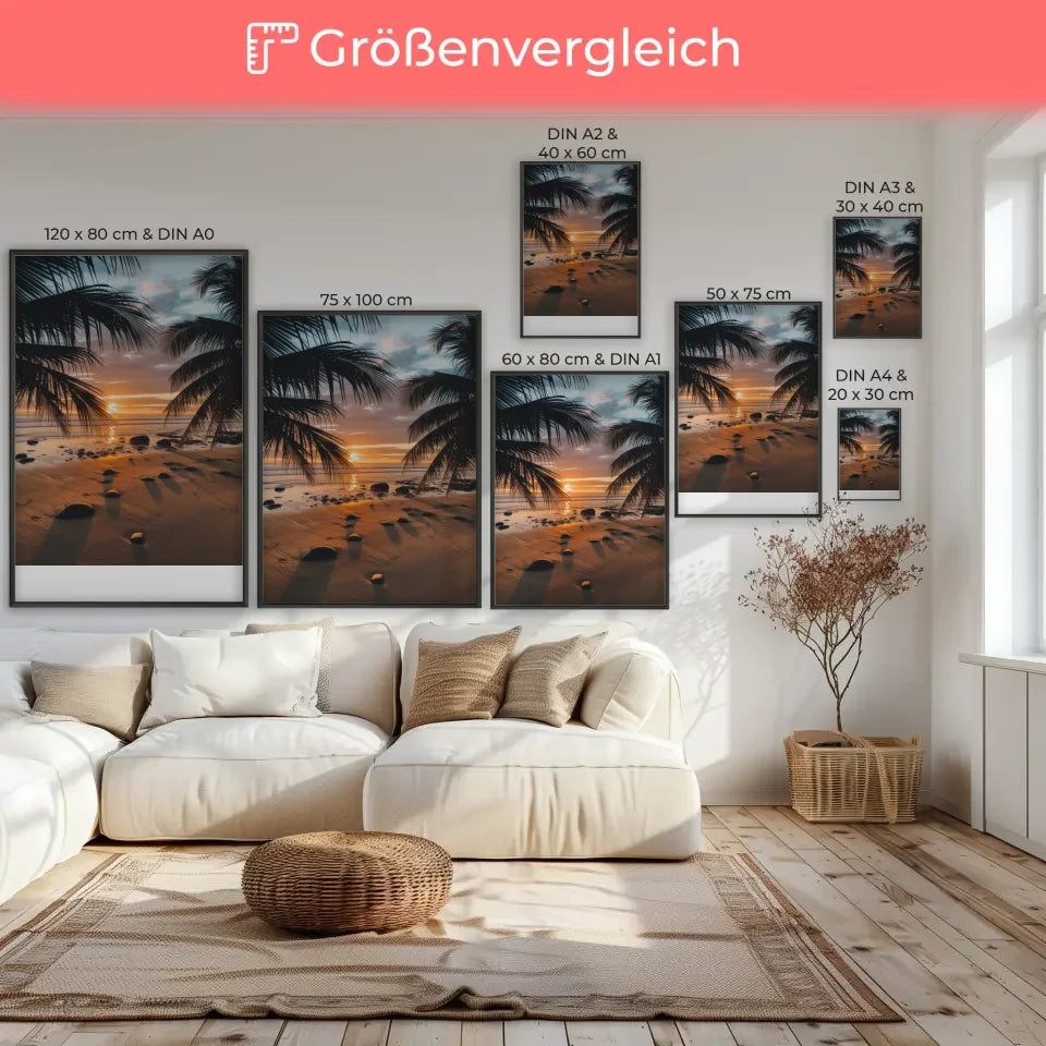 Poster Kalifornien Strand Sonnenuntergang mit Palmen und Wasserblick