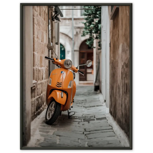 Poster nostalgische Gasse mit orangefarbenem Roller und Steinmauern