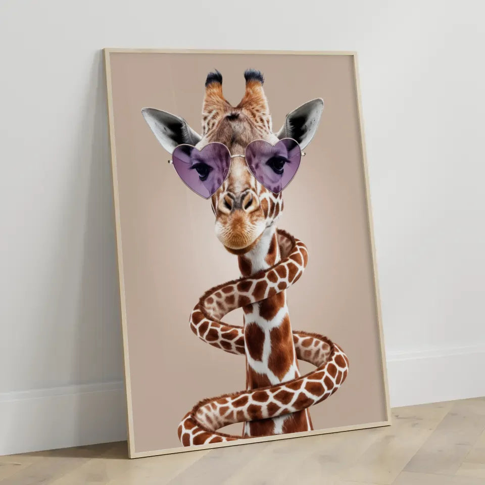 Verspielte Giraffe Poster mit spiralförmigem Hals und Sonnenbrille