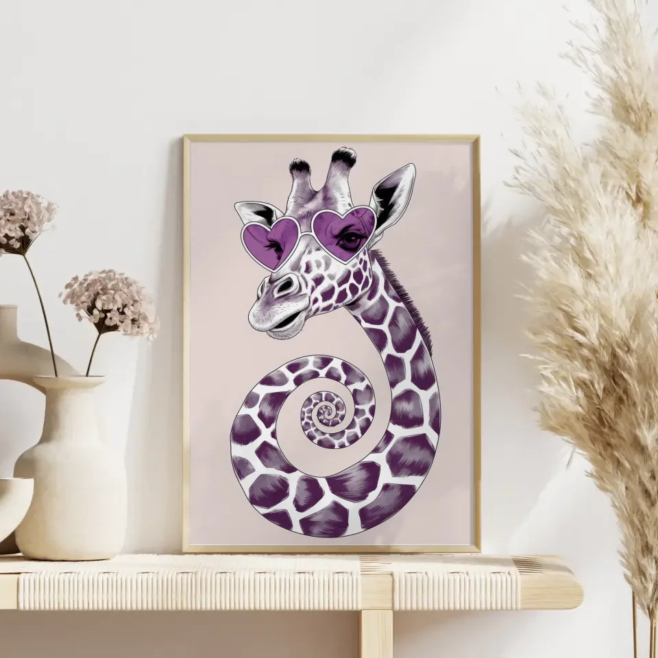 Verspielter Giraffen Poster mit herzförmiger Sonnenbrille und Lila Gläsern