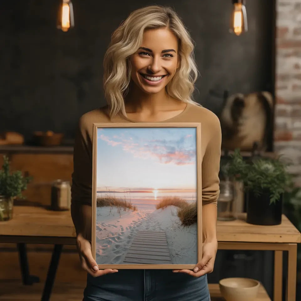 Poster mit ruhiger Strandszene bei Sonnenuntergang für gemütliches Wohnen