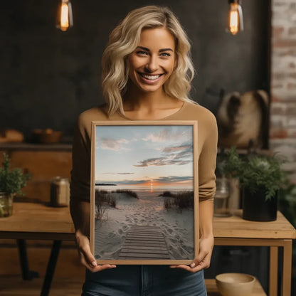 Poster mit ruhiger Strandszene bei Sonnenuntergang für gemütliches Wohnen