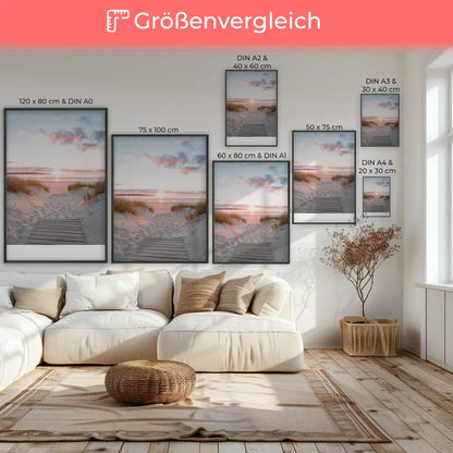 Poster mit ruhiger Strandszene bei Sonnenuntergang für gemütliches Wohnen