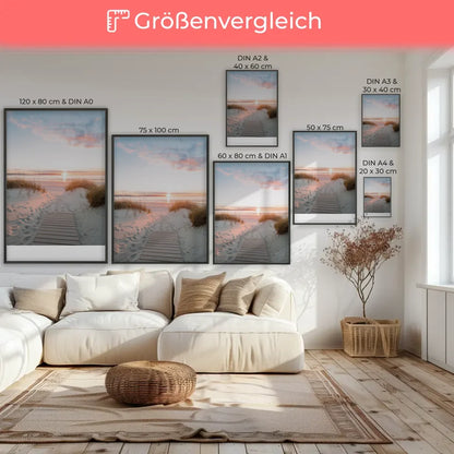 Poster mit ruhiger Strandszene bei Sonnenuntergang für gemütliches Wohnen