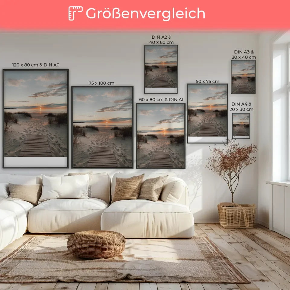 Poster mit ruhiger Strandszene bei Sonnenuntergang für gemütliches Wohnen