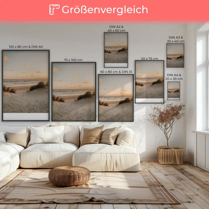 Poster mit beruhigender Strandkulisse und Surfbrett in sanften Farben 7