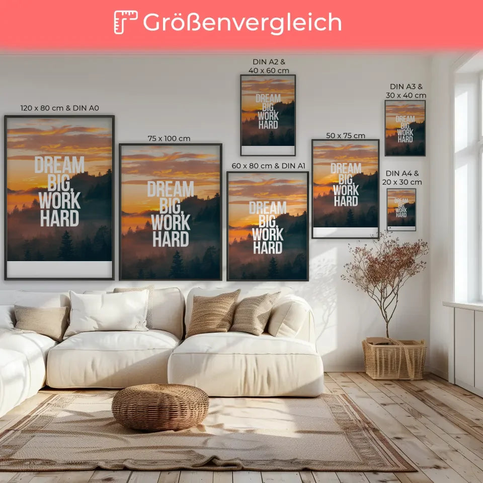 Sonnenaufgang Poster mit Zitat Dream big work hard für Optimismus