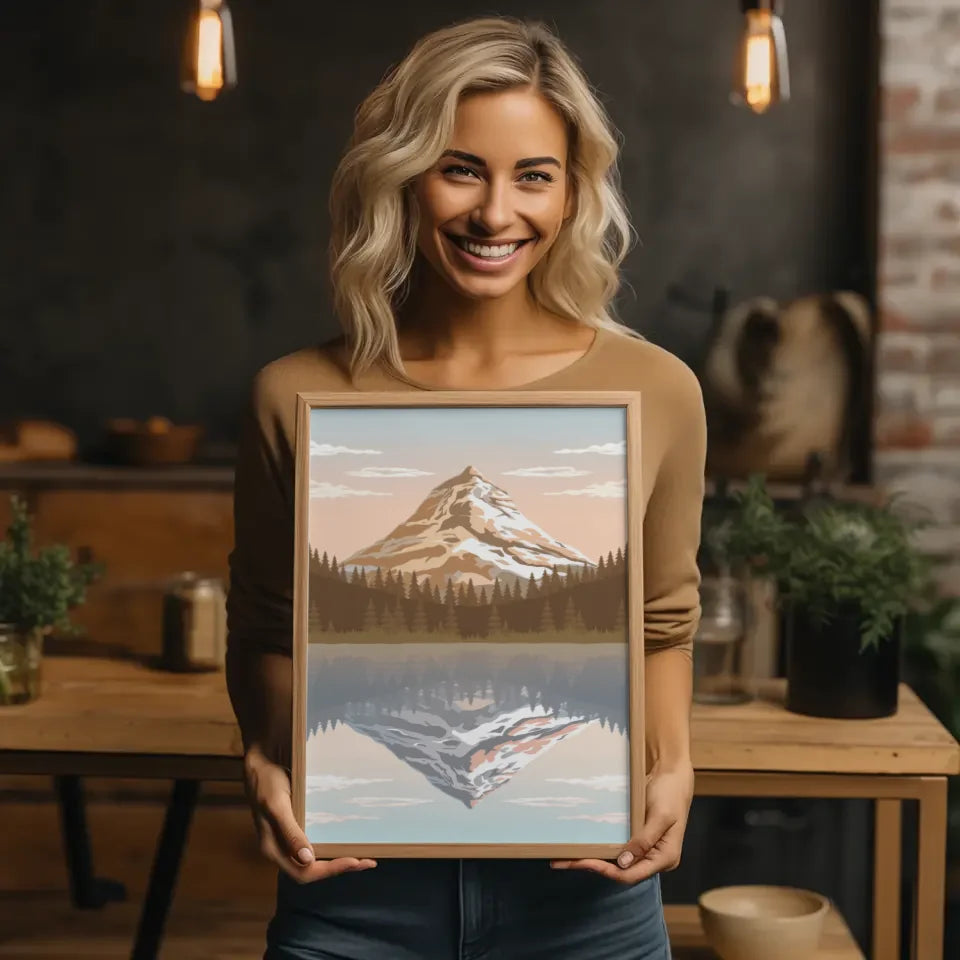 Poster majestätischer Berglandschaft mit ruhigem Wasser und Wald