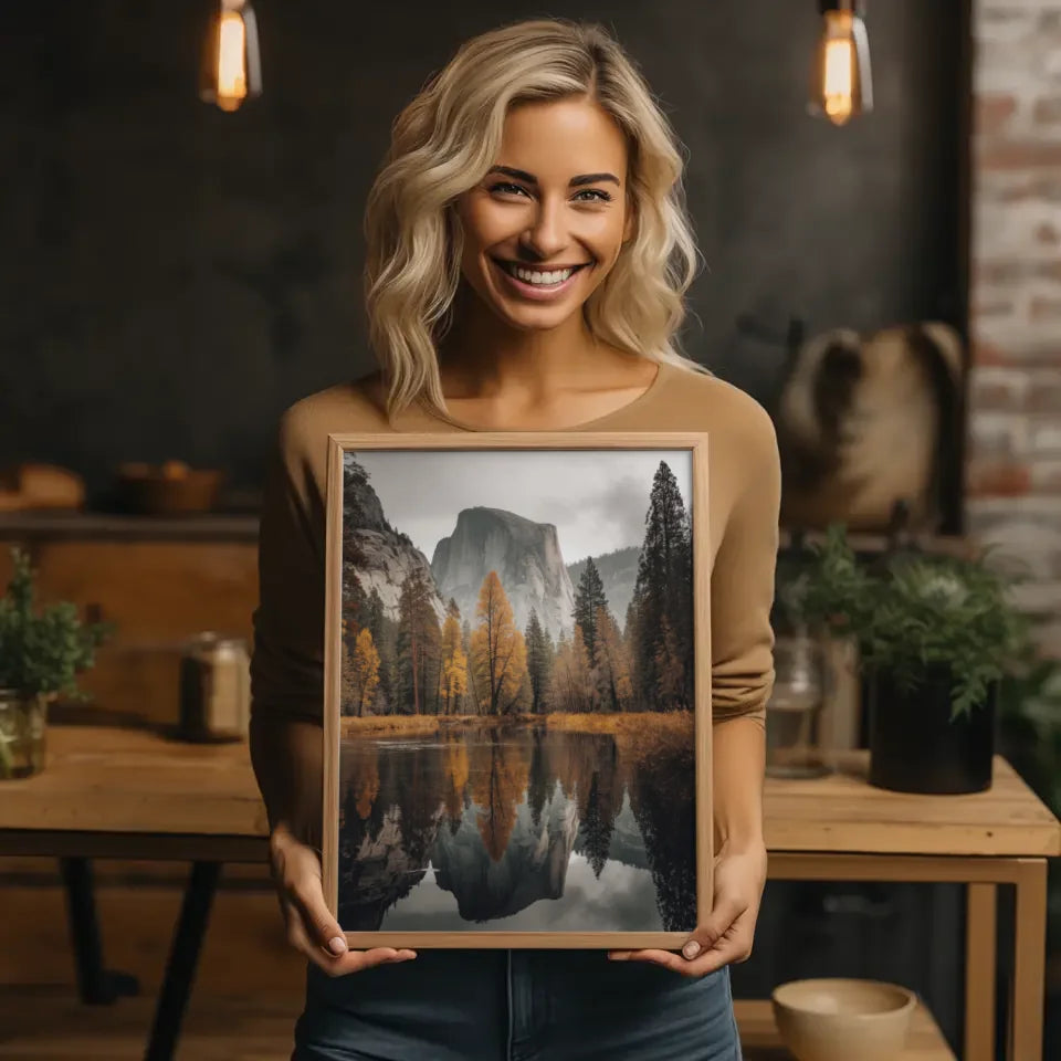 Poster von ruhiger Landschaft mit Granitfelsen und herbstlichen Bäumen