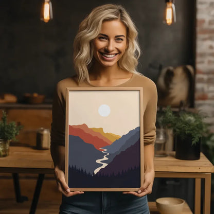 Sonne über Bergen Poster mit ruhiger Landschaft im warmen Licht