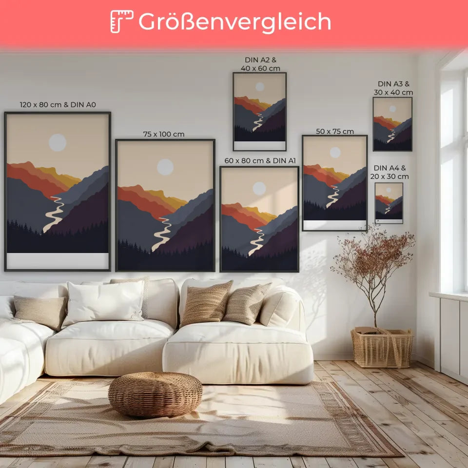 Sonne über Bergen Poster mit ruhiger Landschaft im warmen Licht