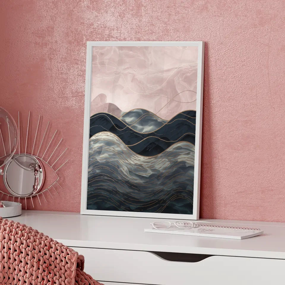 Poster mit ruhiger Landschaft Hügel Berge in Gold Blau Rosa Beige dekorativ