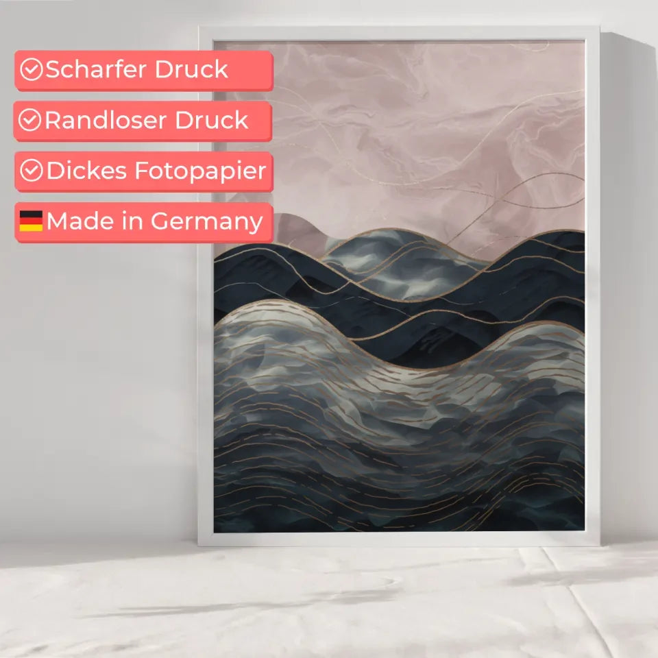 Poster mit ruhiger Landschaft Hügel Berge in Gold Blau Rosa Beige dekorativ