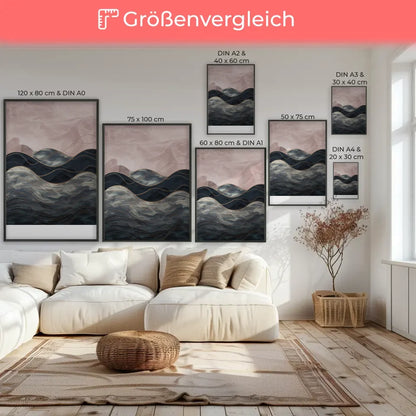 Poster mit ruhiger Landschaft Hügel Berge in Gold Blau Rosa Beige dekorativ