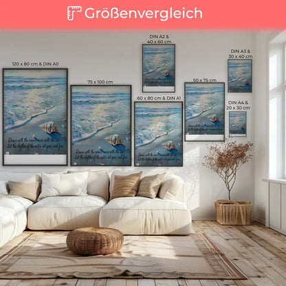 Poster ruhige Meeresszene mit Wellen und Muscheln für dein Zuhause