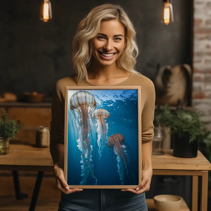 Poster mit Quallen im sanften Licht unter Wasser für eine ruhige Atmosphäre