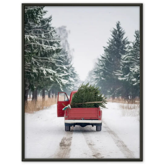 Winterlandschaft Poster mit rotem Oldtimer und Weihnachtsbaum