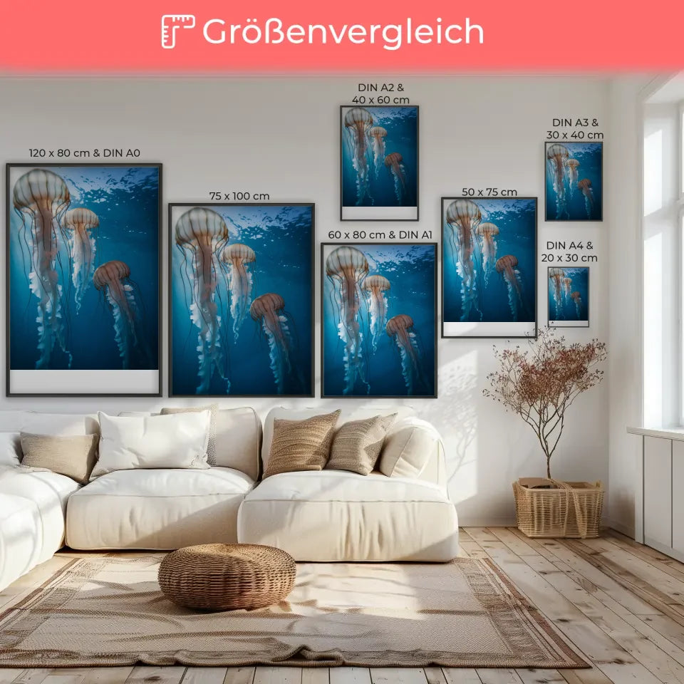 Poster mit Quallen im sanften Licht unter Wasser für eine ruhige Atmosphäre