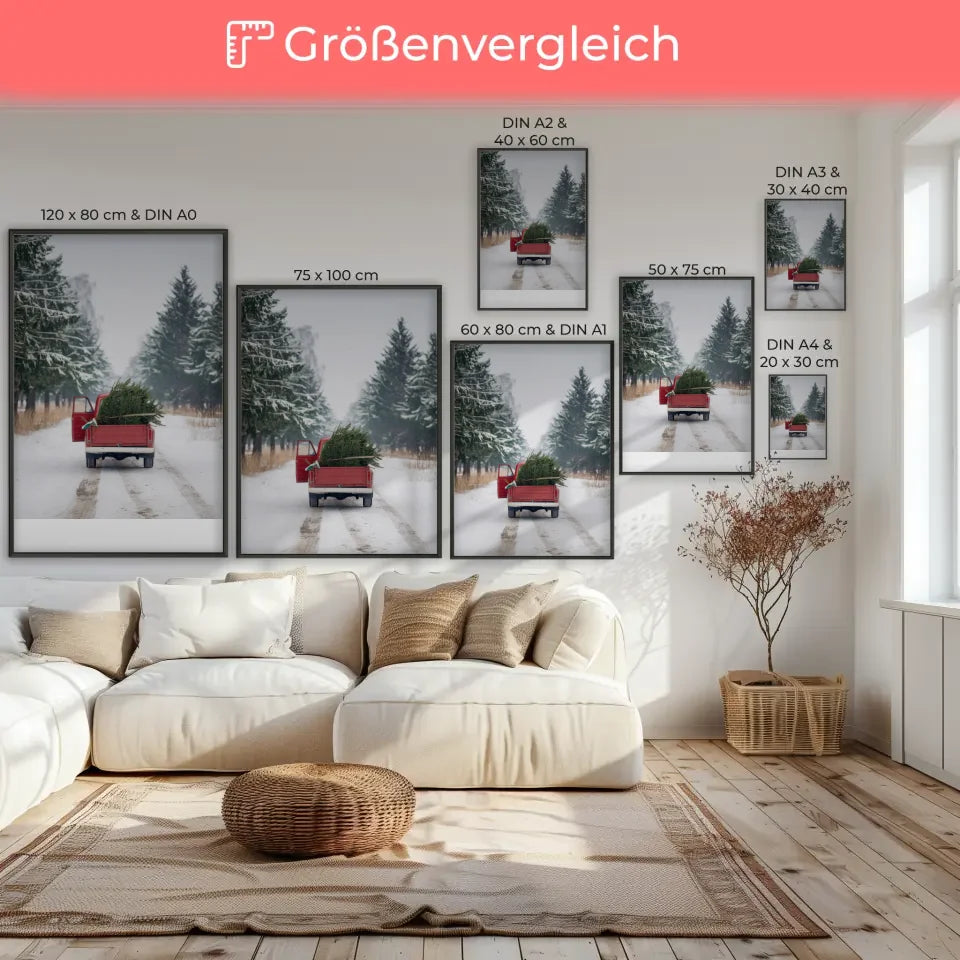 Winterlandschaft Poster mit rotem Oldtimer und Weihnachtsbaum