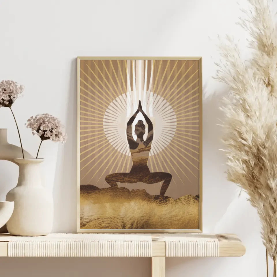 Yoga Poster mit strahlendem Hintergrund und energetischer Aura