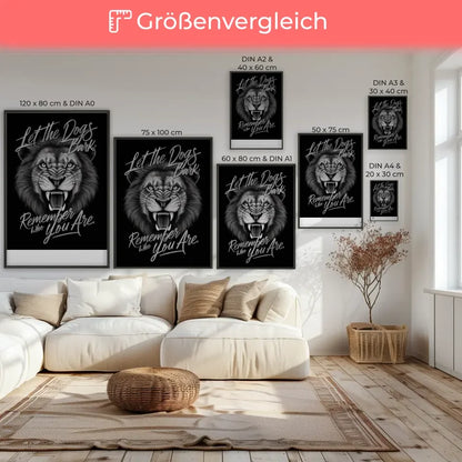 Poster mit brüllendem Löwen und inspirierendem Zitat in Schwarz-Weiß