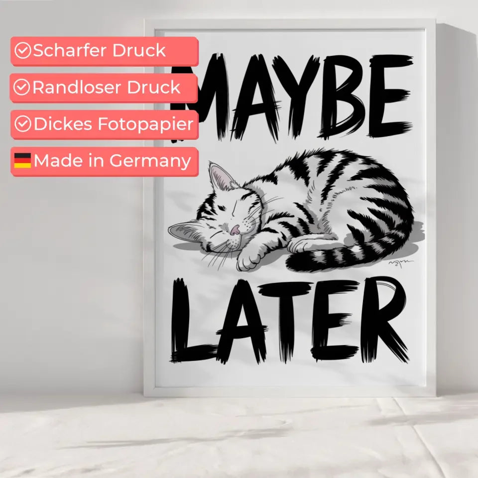 Poster schlafende Katze in Tuschekunst mit Maybe Later Schriftzug