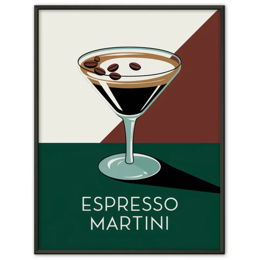 Stylischer Poster Espresso Martini mit Cocktailglas auf grünem Hintergrund