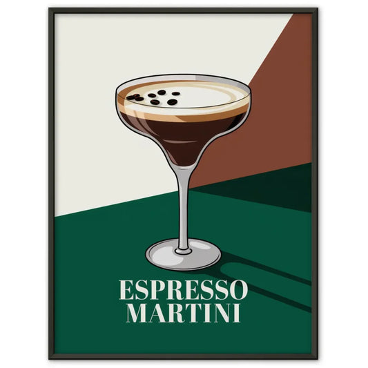 Stylischer Espresso Martini Poster grün und braun kunstvoll illustriert