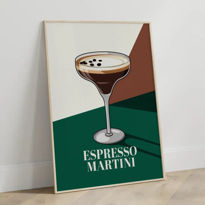 Stylischer Espresso Martini Poster grün und braun kunstvoll illustriert