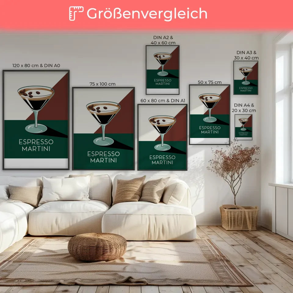 Stylischer Poster Espresso Martini mit Cocktailglas auf grünem Hintergrund