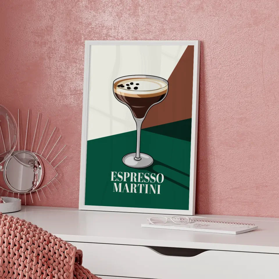 Stylischer Espresso Martini Poster grün und braun kunstvoll illustriert