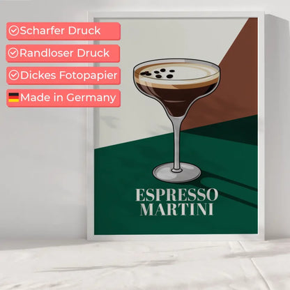 Stylischer Espresso Martini Poster grün und braun kunstvoll illustriert